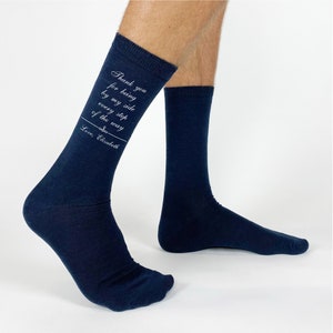 A special pair of socks for the Father of the Bride to wear on the big day. Custom Father of the Bride socks are one of the most popular designs in our wedding line and add the perfect personal touch to your wedding day. Custom printed socks.