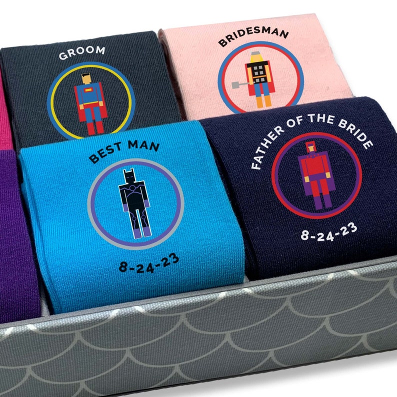 A super accessory for the wedding party on the BIG day! A fun personalized superhero wedding accessory for the entire wedding party. Each pair can be personalized with your specifications on the date and role in the wedding.