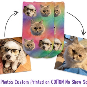 We take a basic pair of no show socks and turn them into one-of-a-kind custom printed socks! Upload a photo of a favorite person or pet and our design team will crop their face to digitally print in the pattern shown in this listing.