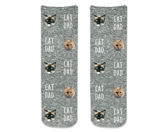 Cat Face Photos with a Cat Dad Design, Personalized Crew Socks for a Fun Cat Dad Gift