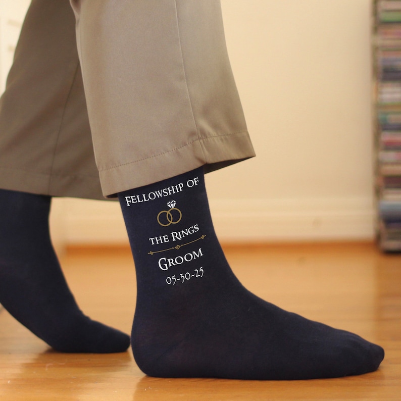 Our crew socks are the perfect length for casual or dressy. Groom socks personalized with the wedding date.