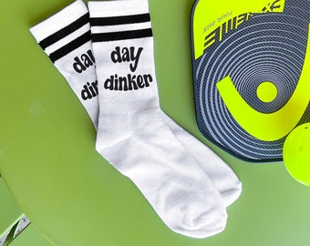 Day Dinker Pickleball Socks, Funny Socks for Pickleball, Pickleball Crew Socks Him and Her, Fun Pickleball Gift Idea for Family and Friends