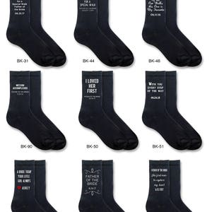 Custom printed father of the bride wedding day socks.  Choose from our original father of the bride designs that can be personalized with names and or dates making a truly special pair of socks for your very special day.