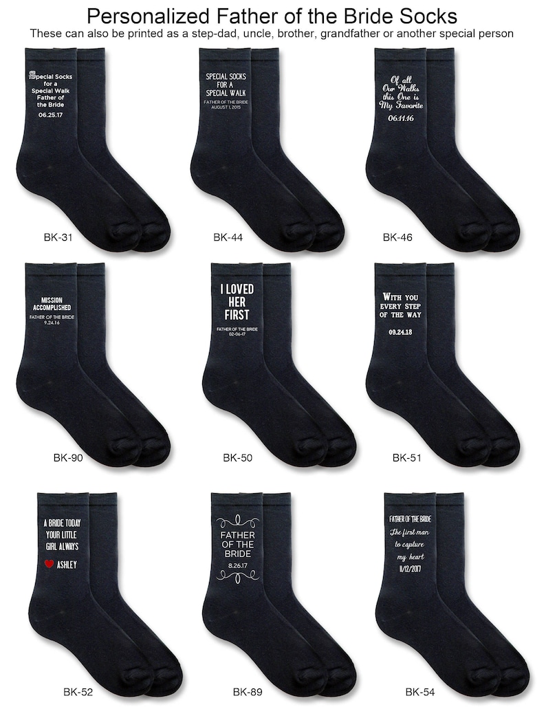 Custom printed father of the bride wedding day socks.  Choose from our original father of the bride designs that can be personalized with names and or dates making a truly special pair of socks for your very special day.