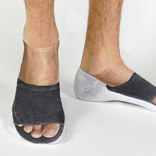 Men’s Feet in Slippers Printed on No Show Socks for Men, Feet Printed on Cotton No Show Socks, Funny Socks for Him