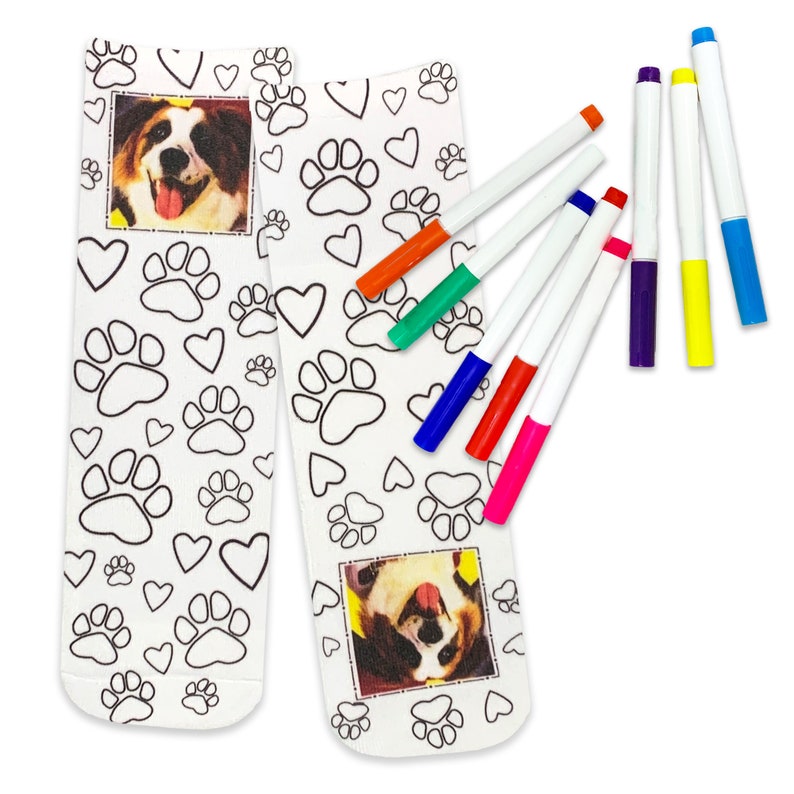 Custom printed designs you choose from to be digitally printed on crew socks personalized by adding your own photo available with coloring book designs to choose from includes free fabric markers.