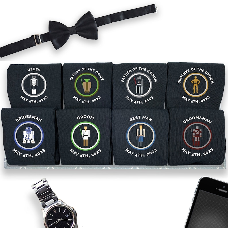 Unique and comfortable custom printed and personalized wedding party dress socks inspired by star wars we digitally print your character, the wedding role, and your wedding date on flat knit dress socks or rib knit crew socks.