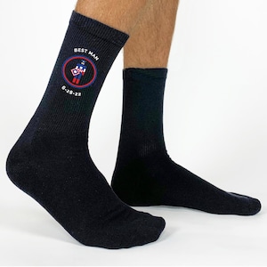 Personalized marvel socks for the wedding party! A fun personalized wedding accessory for the entire wedding party. Each pair can be personalized with your specifications on the date and role in the wedding.