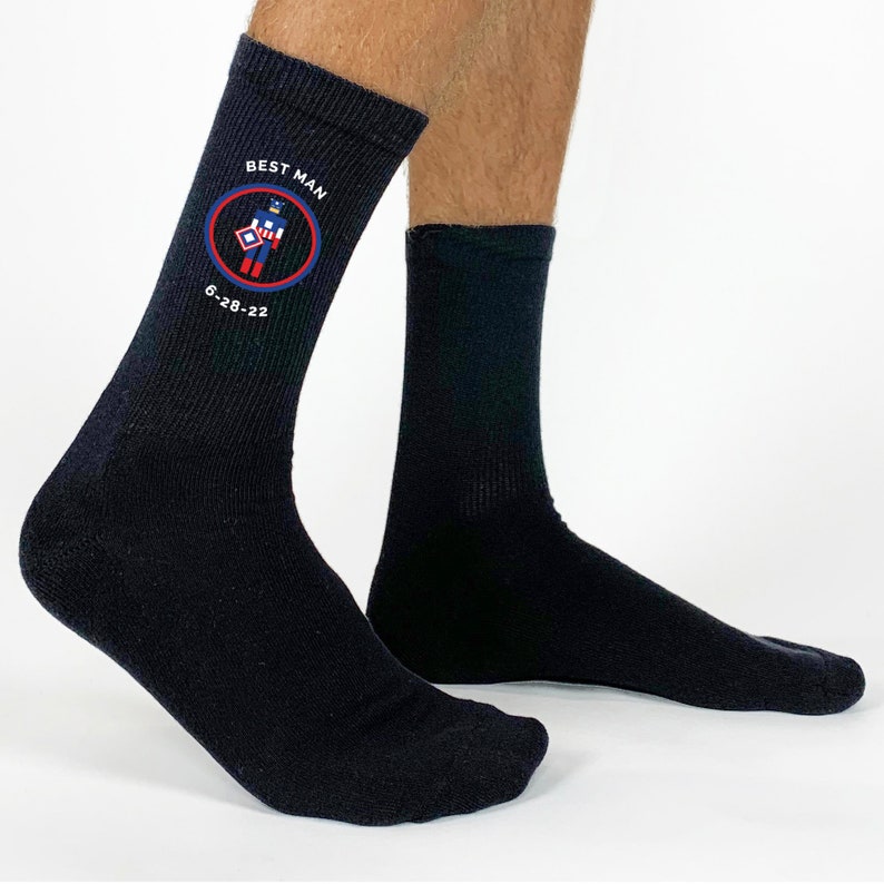 Personalized marvel socks for the wedding party! A fun personalized wedding accessory for the entire wedding party. Each pair can be personalized with your specifications on the date and role in the wedding.