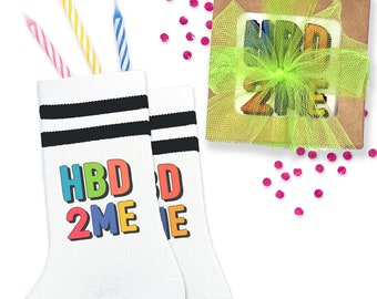 Fun Birthday Socks in a Gift Box, Happy Birthday to Me Socks, HB2ME Birthday Socks for a Happy Birthday