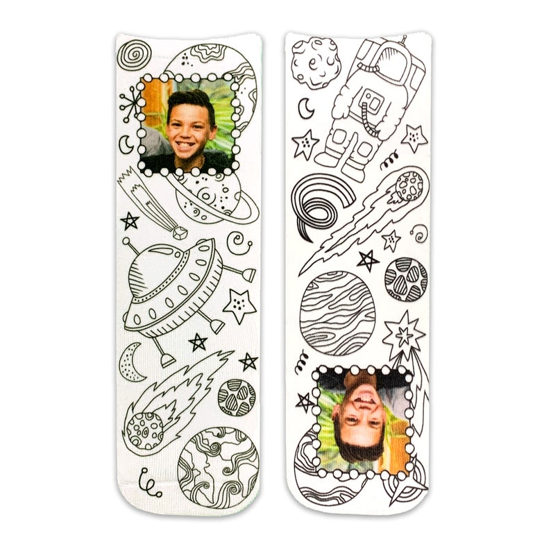 Custom printed designs you choose from to be digitally printed on crew socks personalized by adding your own photo available with coloring book designs to choose from includes free fabric markers.