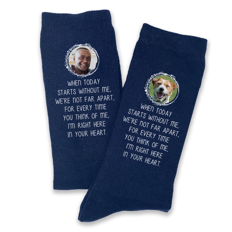 Custom printed in memory of remembrance memorial photo socks digitally printed on the side of the flat knit dress socks.