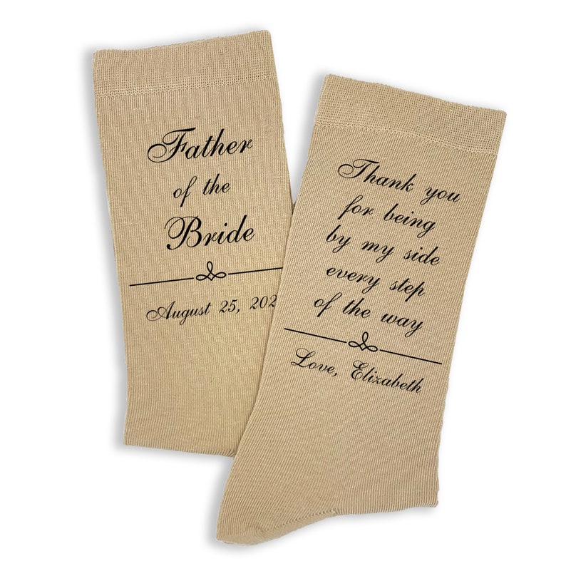 A special pair of socks for the Father of the Bride to wear on the big day. Custom Father of the Bride socks are one of the most popular designs in our wedding line and add the perfect personal touch to your wedding day. Custom printed socks.