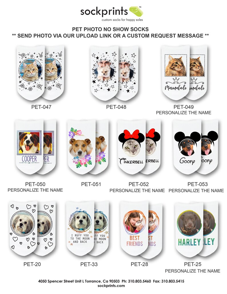 Available design styles to choose from to customize your unique no show socks personalized with you own photo custom printed on the top of cotton no show socks.