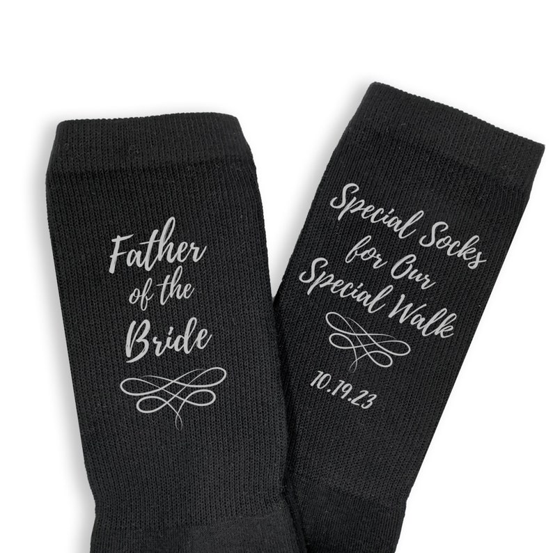 A special pair of socks for the Father of the Bride to wear on the big day. Custom Father of the Bride socks are one of the most popular designs in our wedding line and add the perfect personal touch to your wedding day. Custom printed socks.