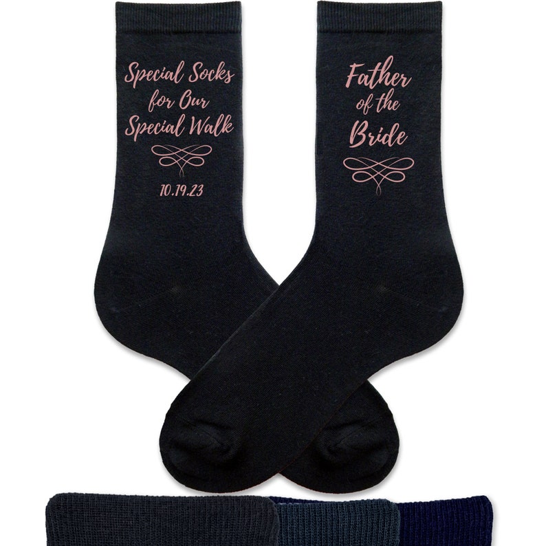 A special pair of socks for the Father of the Bride to wear on the big day. Custom Father of the Bride socks are one of the most popular designs in our wedding line and add the perfect personal touch to your wedding day. Custom printed socks.