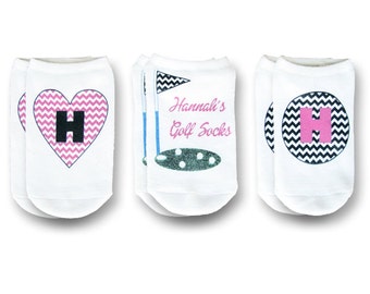 Custom Cute Socks for the Golfer, Personalized Socks with an Initial Monogram No Show Sock Set of 3 Pairs