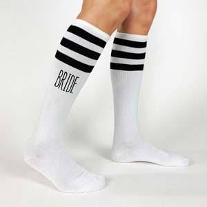 Custom printed socks for the bridesmaids to make your proposal or wear for your bachelorette or bridal party.  Fun striped knee high socks digitally printed on the sides of each pair make a fun gift for your maid of honor.