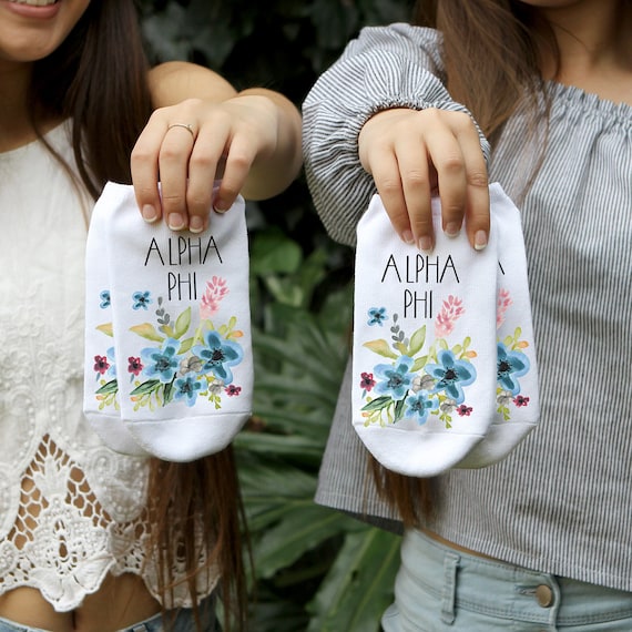 Floral Printed Sorority Socks for Sorority Gifts Custom Printed with Sorority Name Alpha Delta Pi is Shown plus All NPC Sororities Available