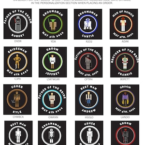 Customized wedding party dress socks inspired by star wars, you select the character, personalized with your wedding date and wedding role make a great gift for the groomsmen.