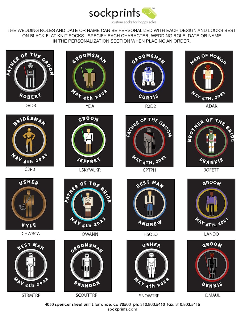 Customized wedding party dress socks inspired by star wars, you select the character, personalized with your wedding date and wedding role make a great gift for the groomsmen.
