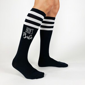 Custom printed socks for the bridesmaids to make your proposal or wear for your bachelorette or bridal party.  Fun striped knee high socks custom printed and digitally printed on the sides of each pair make a fun gift for your maid of honor.