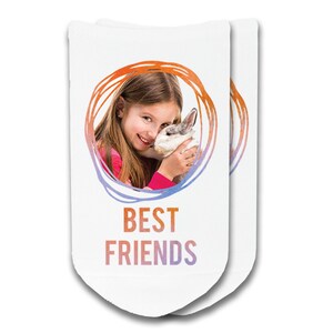 Cute pet photo socks for the pet lover personalized with your own photo we will custom print them on the top of the white cotton no show socks make a great gift, use photos of people too.