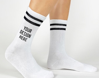 Custom Printed Striped Crew Socks, Add Your Own Custom Design or Text, Personalized Socks Available in 2 Sizes, White or Black Socks