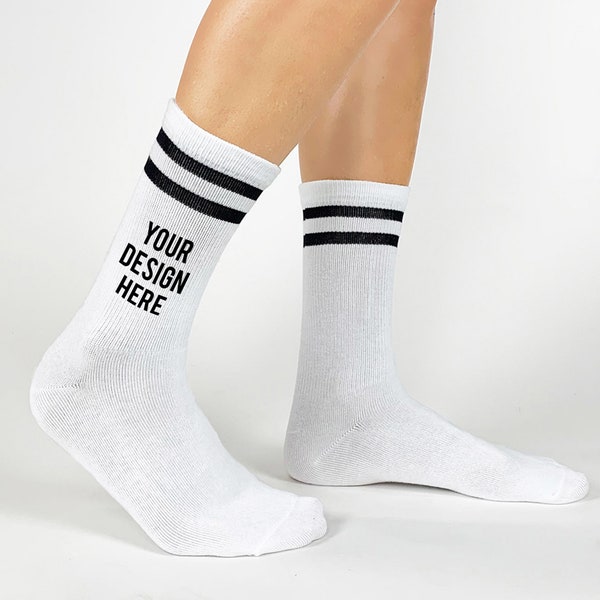 Custom Printed Striped Crew Socks, Add Your Own Custom Design or Text, Personalized Socks Available in 2 Sizes, White or Black Socks