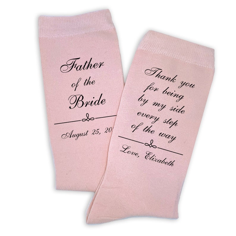 A special pair of socks for the Father of the Bride to wear on the big day. Custom Father of the Bride socks are one of the most popular designs in our wedding line and add the perfect personal touch to your wedding day. Custom printed socks.