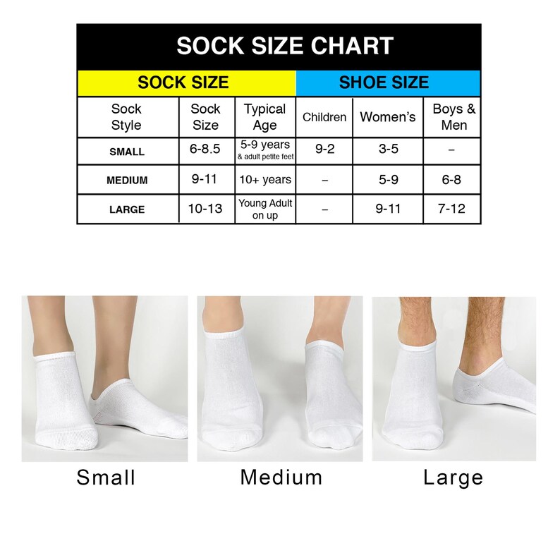 Puede incluir: Tabla de tallas de calcetines con tres pares de calcetines blancos en tallas peque&ntilde;a, mediana y grande. La tabla muestra la talla de calcet&iacute;n, la talla de zapato y la edad t&iacute;pica correspondiente a cada talla.