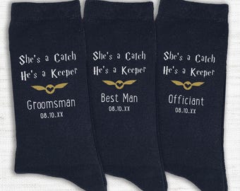 Groomsmen Custom Socks, Catcher Keeper Groomsman Personalized Socks, Wizard Fantasy Wedding Theme