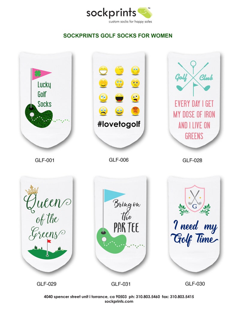 These comfy white cotton no show footie socks custom printed with your favorite golf theme design from our golf collection, digitally printed design on the top of the socks make a fun way to kick off your shoes and show your unique socks.