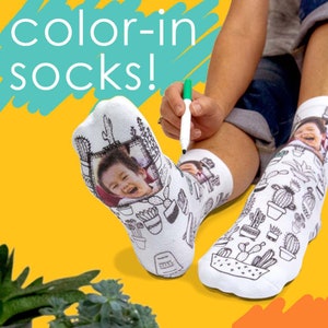 Design your own color in socks with coloring book designs to choose from personalized with your photo we custom print on cotton crew socks, fabric markers included free of charge while supplies last.