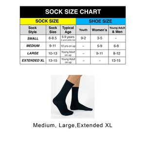 May include: Sock size chart with a table showing sock sizes and corresponding shoe sizes for youth, women, and young adults and men. The table includes sock styles, sock sizes, typical age ranges, and corresponding shoe sizes. The chart also includes a picture of a pair of black socks.