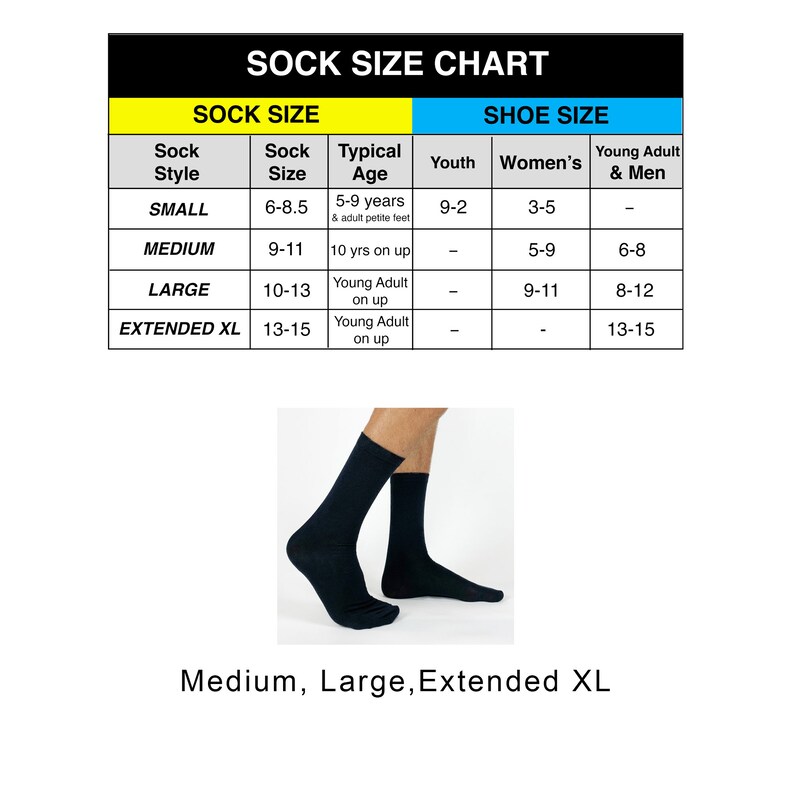 May include: Sock size chart with a table showing sock sizes and corresponding shoe sizes for youth, women, and young adults and men. The table includes sock styles, sock sizes, typical age ranges, and corresponding shoe sizes. The chart also includes a picture of a pair of black socks.