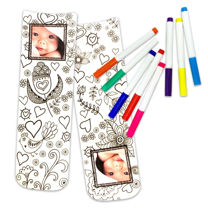 Custom printed designs you choose from to be digitally printed on crew socks personalized by adding your own photo available with coloring book designs to choose from includes free fabric markers.