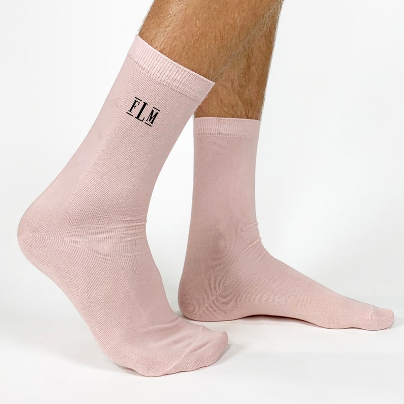 Super soft blush flat knit dress socks are the perfect way to show your support for breast cancer awareness in October with these custom printed monogram style socks personalized with your initials make the perfect accessory for a marathon run walk.