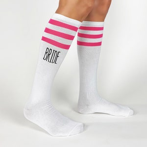 Fun knee high socks with fuchsia stripes custom printed for the bride to wear for her bachelorette or bridal party.  A unique gift for your bridal party.