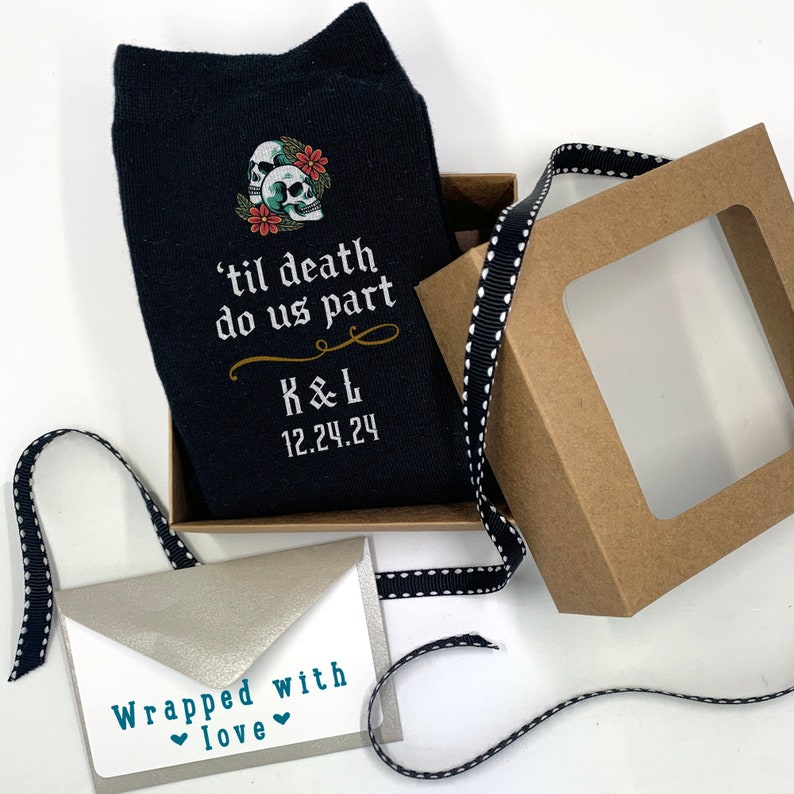 Customized Socks for Goth Groom, 'til Death Do Us Part, Gift from Bride to Groom w/ Gift Wrapping, Personalized Wedding Gothic Wedding Socks image 1