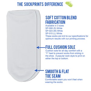 The socks have a soft cotton blend fabrication with full cushion sole and smooth and flat toe seam available as is our custom printed with your design, text, or photo.