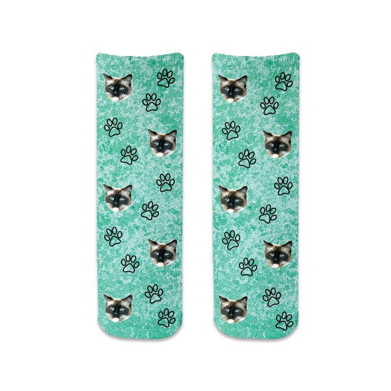 Personalized Crew Socks Printed with Your Pets Face Custom Cat and Dog Face Photos with Paw Print Design