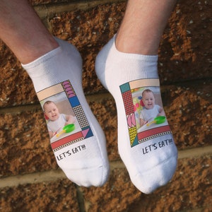 Transform a great memory into the perfect gift idea, all on a pair of comfortable cotton no show socks.