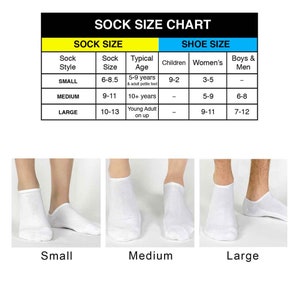 May include: Sock size chart with a table showing sock sizes and corresponding shoe sizes for children, women, and men. The table also includes the typical age range for each sock size. Three images of white socks are shown below the table, labeled "Small", "Medium", and "Large".