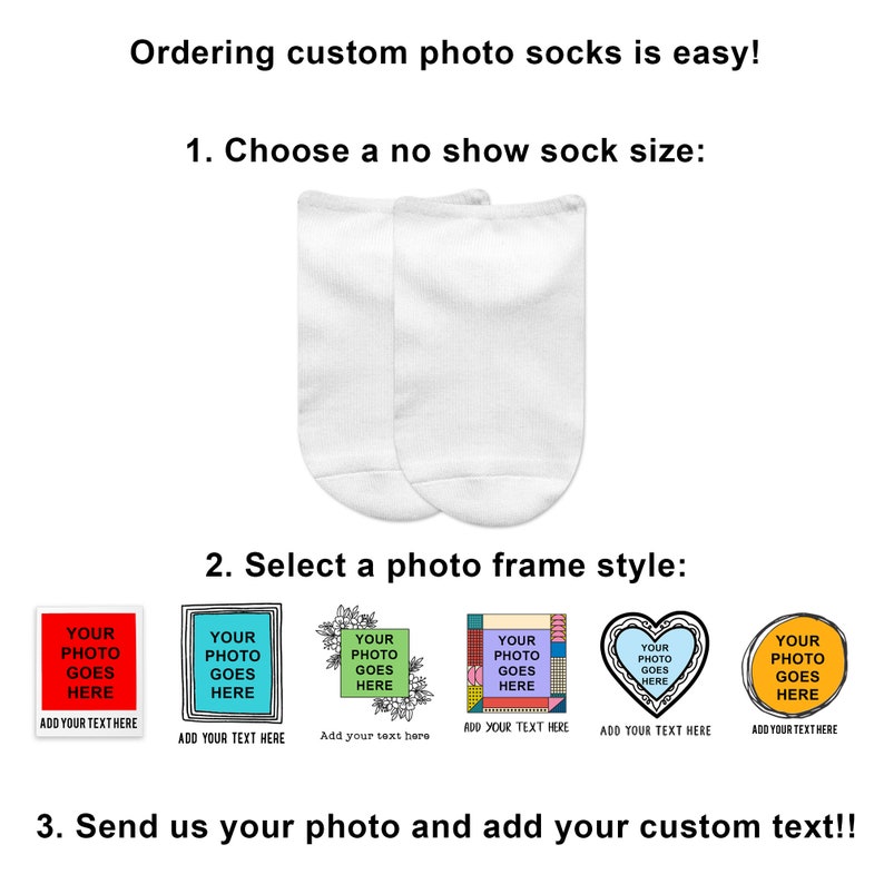 Ordering these fun custom photo socks is easy.
Just send us your photo and custom text and we'll take if from there! Made in the USA.