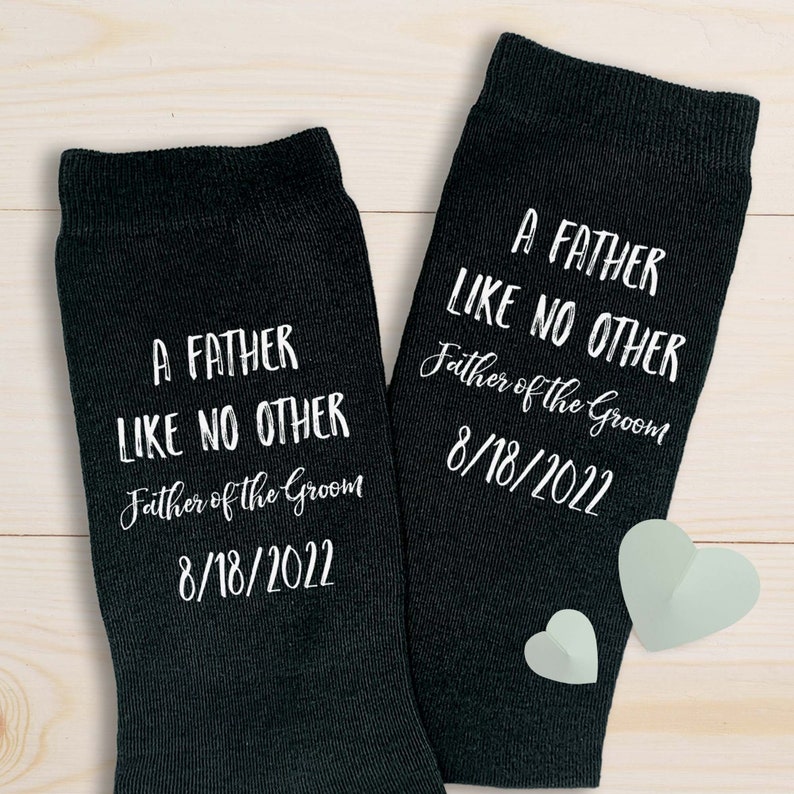Father of the groom custom printed wedding socks personalized with your name and date make the perfect father of the groom gift.