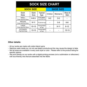 Sock sizing chart with available sock sizes for our cotton no show socks with custom printed design and personalized with your photo.