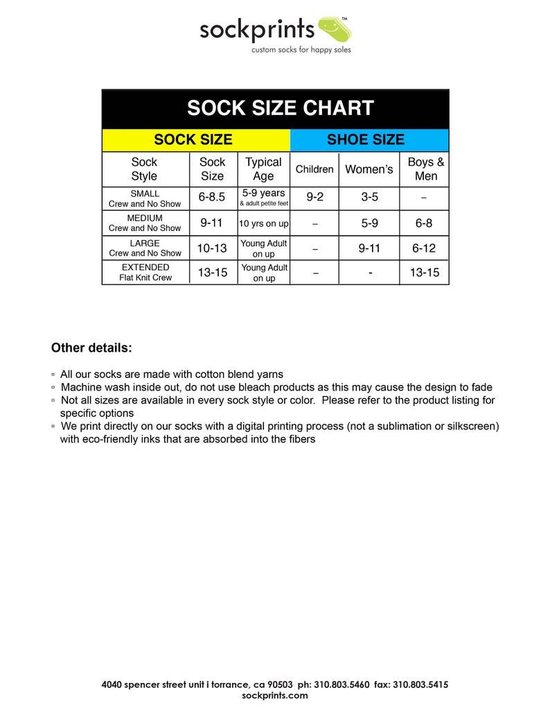 Sock sizing chart with available sock sizes for our cotton no show socks with custom printed design and personalized with your photo.