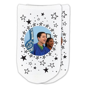 Personalized fun socks you customize by providing the photo and selecting the design and we will digitally print on the top of white cotton no show socks.