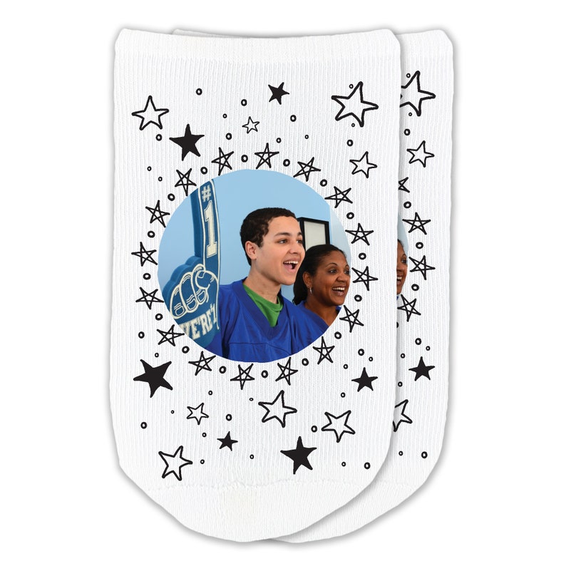 Personalized fun socks you customize by providing the photo and selecting the design and we will digitally print on the top of white cotton no show socks.